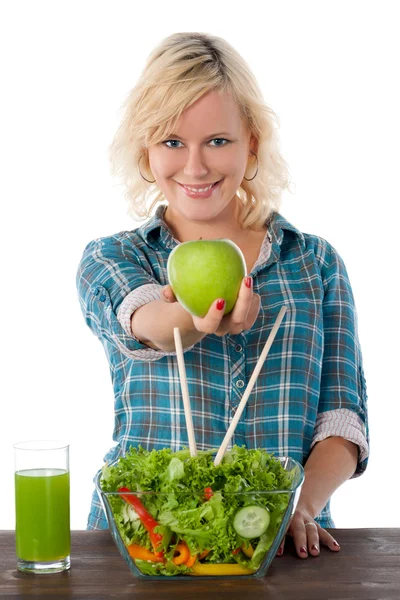 Pretty girl with green apple and salad vegetables — Stock Photo, Image