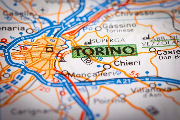 Torino city auf einer Straßenkarte — Stockfoto