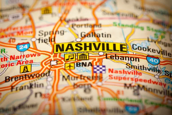 Miasta Nashville na mapie drogowej — Zdjęcie stockowe