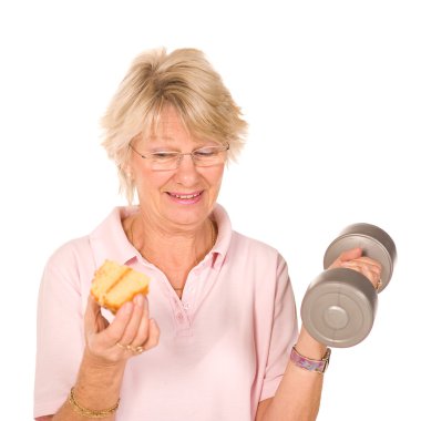 Mature older lady choosing diet or exercise clipart
