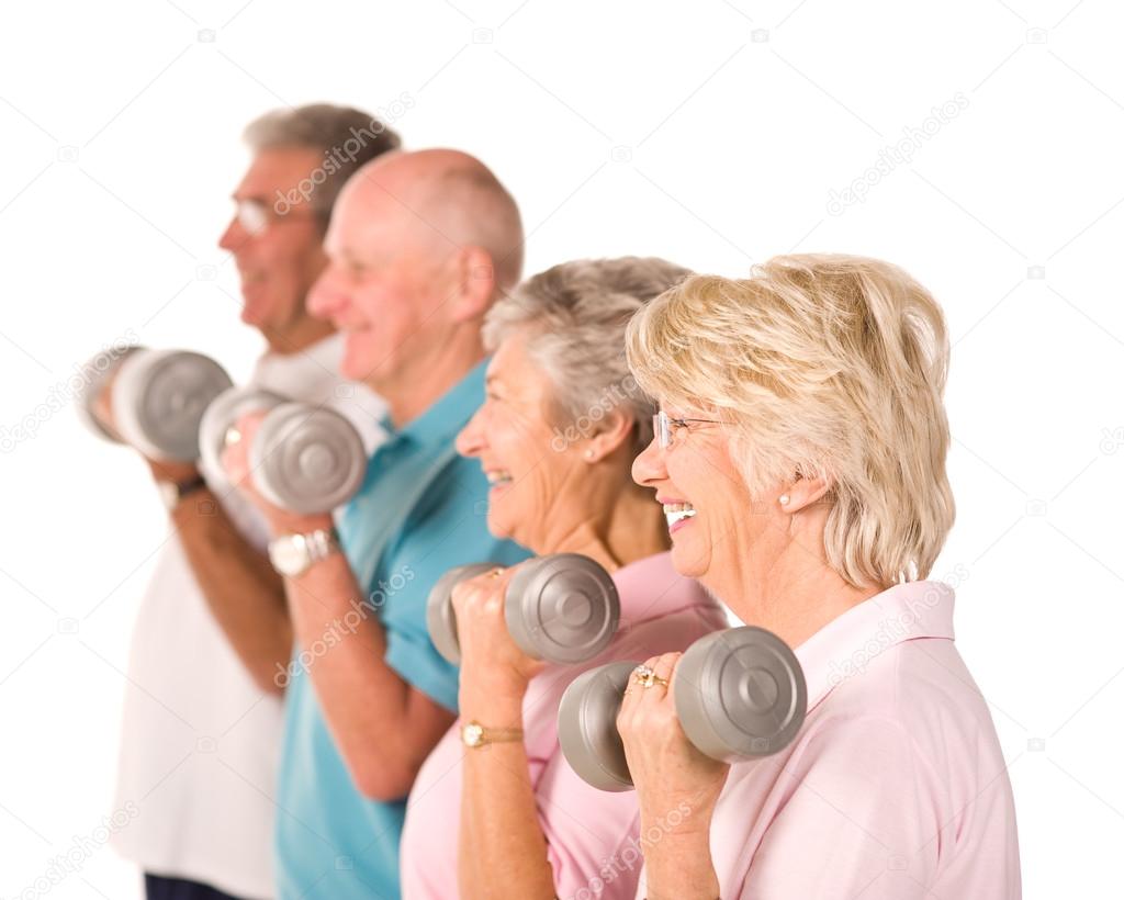 Senior older people lifting weights