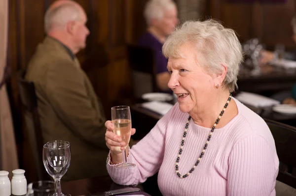 Felice signora anziana nel ristorante Foto Stock Royalty Free