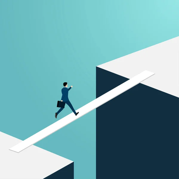 商业机会与决策理念 商人走过下一个职业 商人走在危险的简易桥上 象征着成功 成就的挑战 矢量图解平坦 — 图库矢量图片
