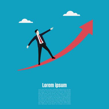 İş hedefine ulaşmanın sembolü. Başarmak için motivasyon ya da meydan okuma. Kariyer gelişimi ya da gelişim kavramı. Hırslı iş adamı hedefe doğru büyüyen bir ok üzerinde duruyor. vektör