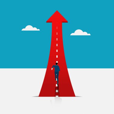 İş hedefine ulaşmanın sembolü. Başarmak için motivasyon ya da meydan okuma. Kariyer gelişimi ya da gelişim kavramı. Hedefe doğru büyüyen ok yolunda koşan hırslı bir işadamı. vektör