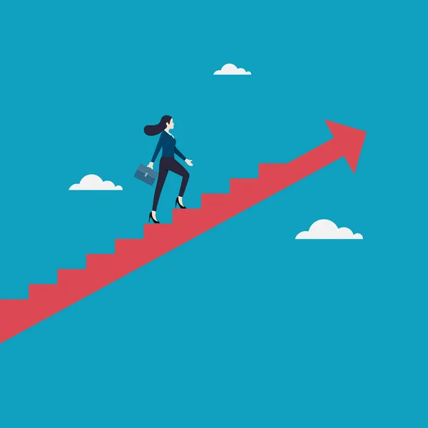 商业愿景和目标 商业女性走在红色箭头阶梯上 事业成功 概念业务 矢量图解平面 — 图库矢量图片
