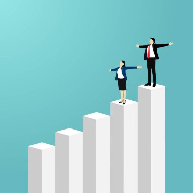 İş adamlarıyla kavramsal şablon yükselen ok grafiği ve grafiği boyunca ayakta durmaktan mutlu. Gelir sahnesinde artış, kar artışı, iş geliştirme. Vektör illüstrasyon düzlüğü