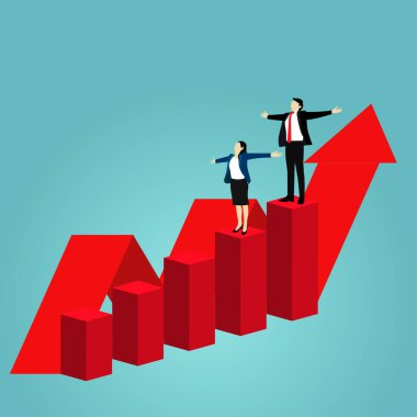 İş adamlarıyla kavramsal şablon yükselen ok grafiği ve grafiği boyunca ayakta durmaktan mutlu. Gelir sahnesinde artış, kar artışı, iş geliştirme. Vektör illüstrasyon düzlüğü