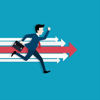 İş vizyonu ve hedef, iş okuyla koşan iş adamı kariyerinde başarıya ulaşır. Kavram işi, Başarı, Karakter, Lider, Vektör illüstrasyon düzlüğü