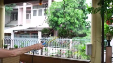 Yaşlı kadın, bahçedeki küçük hava fabrikasına gübre sıkıyor.