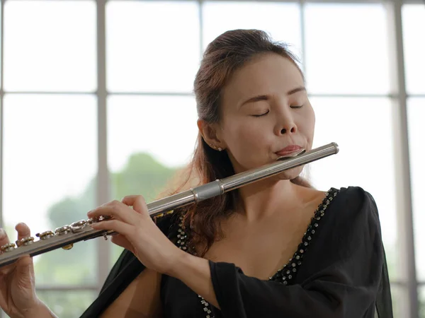 Portrait Musician Playing Flute Room — Stock Photo, Image