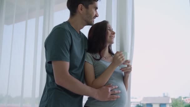 Marido Caucásico Caminando Habitación Para Mantener Esposa Embarazada Casa — Vídeo de stock