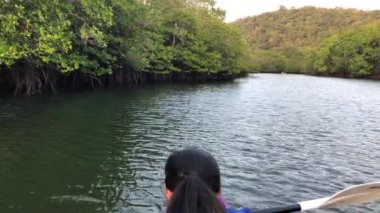 Yaz tatili boyunca Mangrove Ormanı 'nda Kanal' da Kano yapan Asyalı Kadın