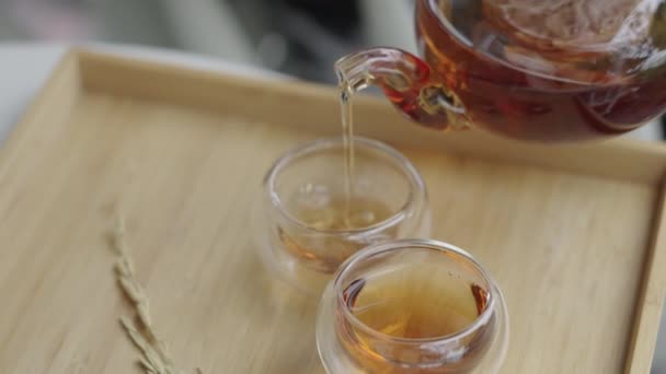 Hot Tea Poured Teacup Served Table — Αρχείο Βίντεο