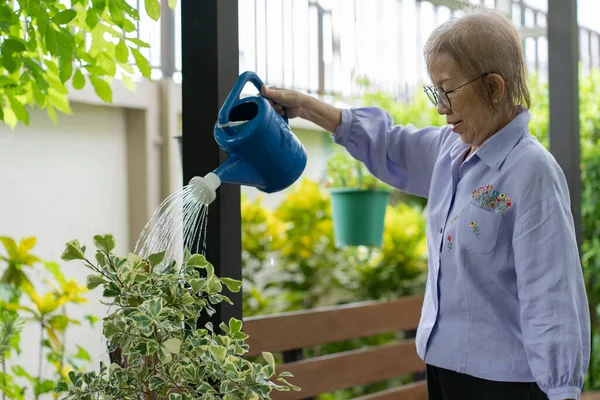 Senior Woman Hair Loss Chemotherapy Breast Cancer Watering Plants Garden — Stockfoto