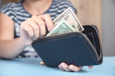 Cüzdanı ve parası olan genç bir kadın..