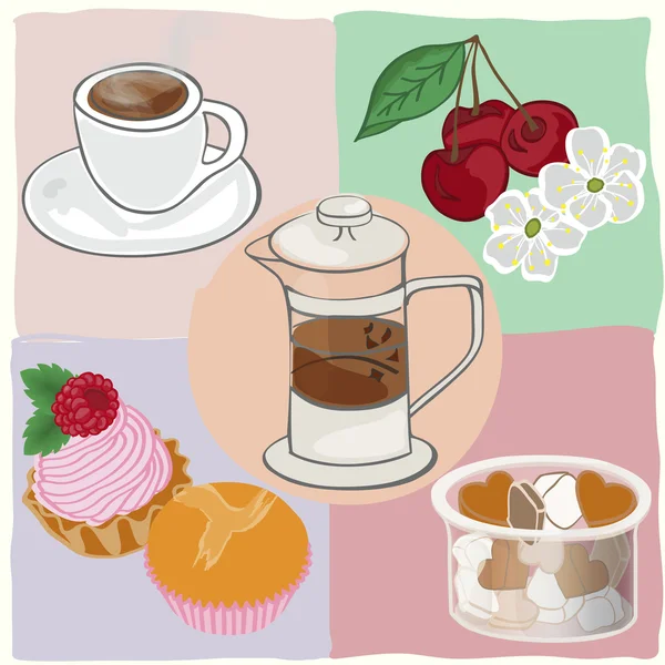 Teetrinken mit Kuchen und Süßigkeiten — Stockvektor