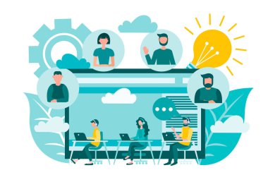 Çağrı merkezi, video konferansı, çevrimiçi toplantı, çevrimiçi bilgi danışma desteği. Vektör illüstrasyonu kavramı