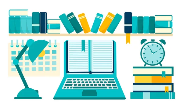 Aprendizaje Línea Educación Internet Lugar Trabajo Los Libros Computadora Biblioteca — Archivo Imágenes Vectoriales