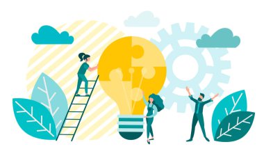 Başarılı bir girişimin başlangıcı olarak fikir. Takım çalışması, bir proje üzerinde çalışmak, bulmacaları birleştirmek, bir fikir üretmek. Vektör illüstrasyonunu kabul et.