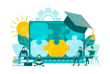 Çalışıyor, öğreniyor, internetten minik insanları inceliyor. İnternet kursları, eğitimler, röportajlar, konferanslar. Laptop, kitaplar, püsküllü üniversite şapkası. Vektör illüstrasyonunu kabul et.