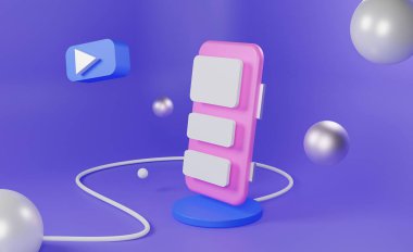 Cep telefonu simgesi 3D, mor eflatun arka planda bir şarj cihazında resimleme yapıyor