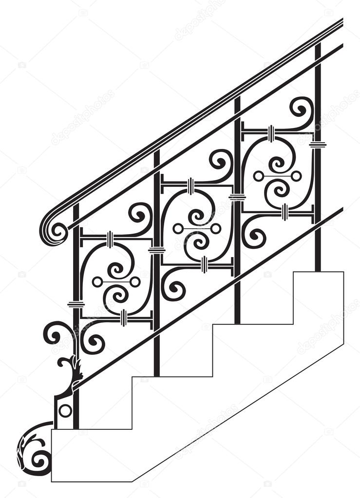 Black forged metal railings with floral motifs.