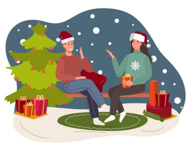 Noel ve mutlu yıllar insanlar kış tatillerini kutluyor. Noel ağacının yanında birlikte oturan kadın ve erkek. Vektör illüstrasyonu