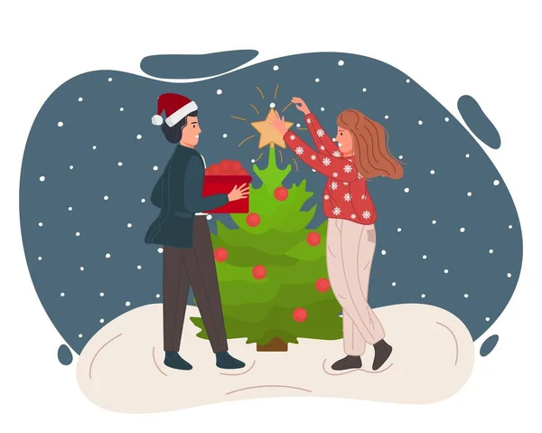 Navidad y Feliz Año Nuevo gente celebrando. Los hombres con mujer decoran juntos el árbol de Navidad. Ilustración vectorial — Vector de stock