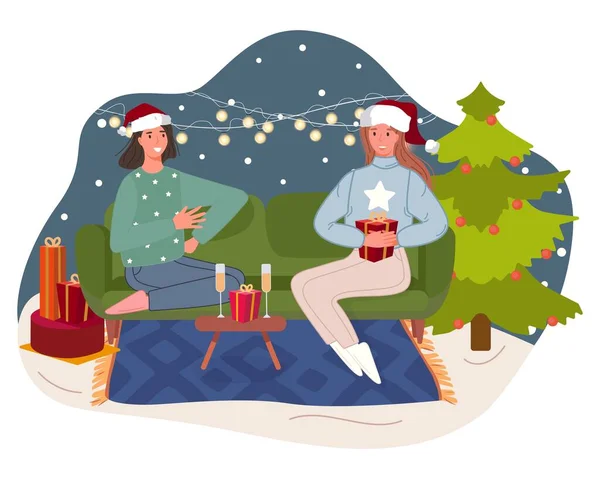 Weihnachten und Frohes Neues Jahr feiern die Menschen Winterurlaub. Frauen sitzen zusammen auf dem Sofa neben dem Weihnachtsbaum. Vektorillustration — Stockvektor