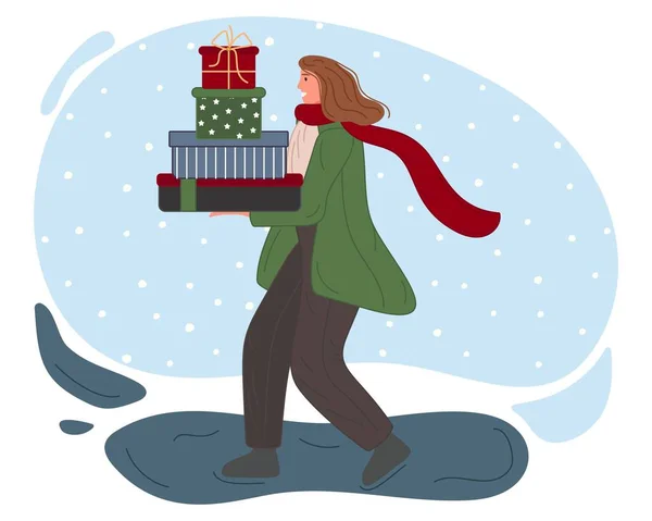 Natal e Feliz Ano Novo conceito feriados de inverno. A rapariga vai com presentes. Ilustração vetorial — Vetor de Stock