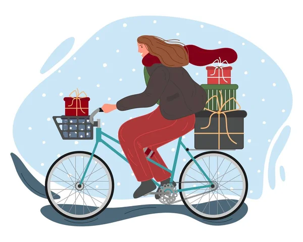 Weihnachten und Frohes Neues Jahr Winterurlaub Konzept. Das Mädchen fährt Fahrrad mit Geschenken. Vektorillustration — Stockvektor