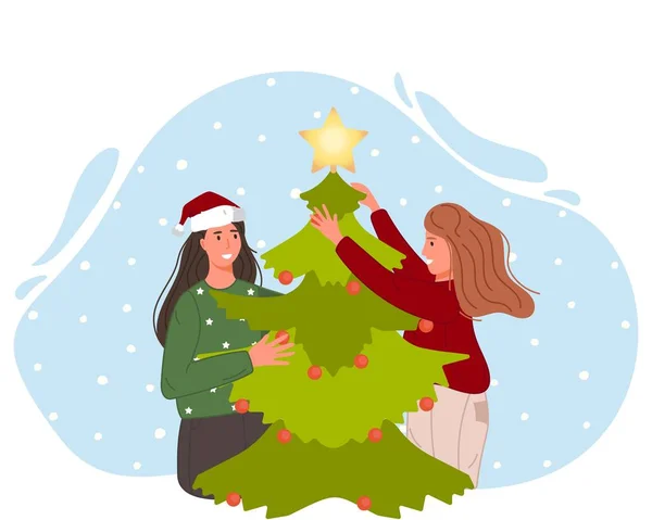 Navidad y Feliz Año Nuevo la gente celebra las vacaciones de invierno. Las mujeres decoran juntos el árbol de Navidad. Ilustración vectorial — Vector de stock