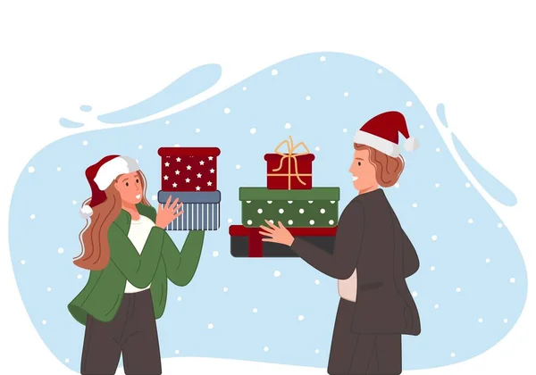 Weihnachten und Frohes Neues Jahr feiern die Menschen Winterurlaub. Mann und Frau tauschen Geschenke aus. Vektorillustration — Stockvektor