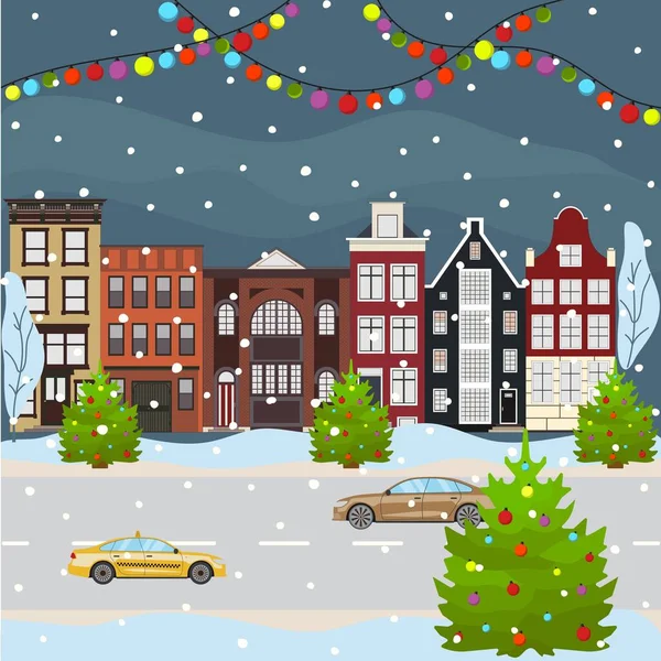 Weihnachten und Frohes Neues Jahr Stadtbild feiert Winterferien. Cartoon Altbau Stadtstraße im flachen Stil. Vektorillustration — Stockvektor