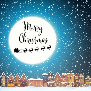 Karlı bir gecede Noel evi. Şehir silueti, uçan Noel Baba ve geyik siyah siluetleri, kar ve büyük ay olan mutlu bayram tebrik kartları. Midtown Evleri Xmas posteri. Vektör illüstrasyonu