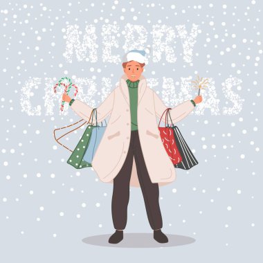 Noel hediyeli mutlu adam. Noel Baba şapkalı bir erkek kar arka planda Mutlu Noeller konsepti. Vektör illüstrasyonu