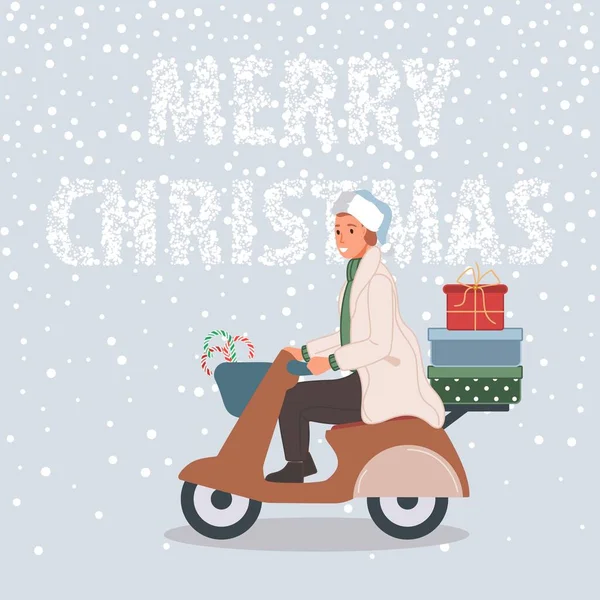 Szczęśliwy człowiek z prezentami świątecznymi na motocyklu. Mężczyzna w kapeluszu Mikołaja na tle śniegu Wesołych Świąt koncepcji. Ilustracja wektora — Wektor stockowy