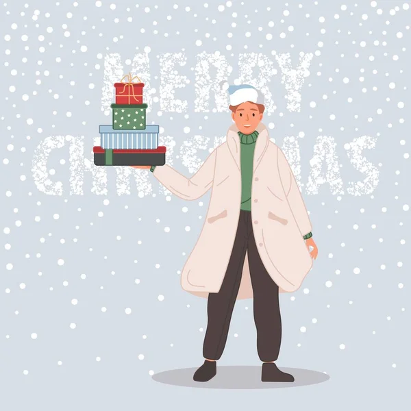 Glücklicher Mann mit Weihnachtsgeschenken. Männchen mit Weihnachtsmütze auf Schnee Hintergrund Frohe Weihnachten Konzept. Vektorillustration — Stockvektor