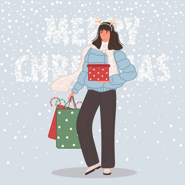 Glückliche Frau mit Weihnachtsgeschenken. Weibchen mit Weihnachtsmütze auf Schnee Hintergrund Frohe Weihnachten Konzept. Vektorillustration — Stockvektor