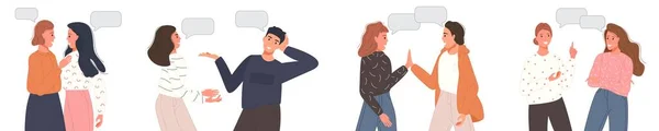 Multiethnic people talking or discuss social network. Friend speaking couples with speech bubbles. Character dialogue concept. Vector illustration set —  Vetores de Stock