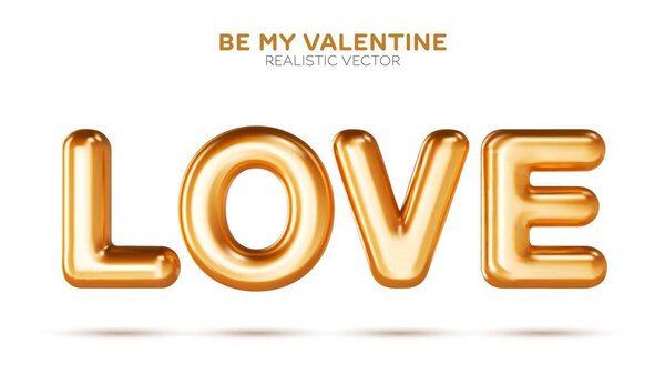 Golden Love word greeting card from realistic 3d balloons. Valentine day invitation web poster. Vector celebration decorative poster isolated on white background.
