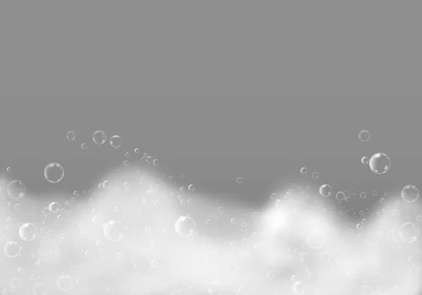 Banho espuma shampoo bolhas isoladas em fundo transparente. Textura limpa branca do sabão. Ilustração vetorial — Vetor de Stock