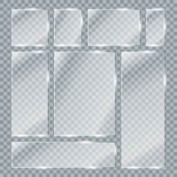 Transparente Glasplatten Set vorhanden. Realistisches transparentes Glasfenster in rechteckigem Rahmen. Vektorillustration — Stockvektor