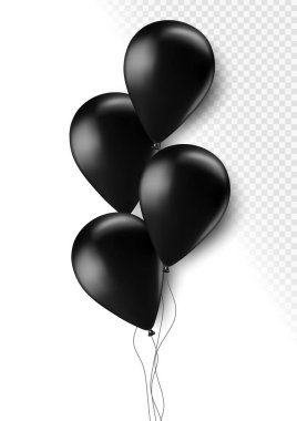 Realistic black 3d balloons isolated on transparent background. Air balloons for Birthday parties, celebrate anniversary, weddings festive season decorations. Helium vector balloon.