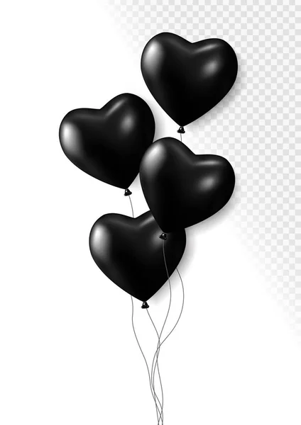 Realistic black 3d heart balloons isolated on transparent background. Air balloons for Birthday parties, celebrate anniversary, weddings festive season decorations. Helium vector balloon. — Image vectorielle