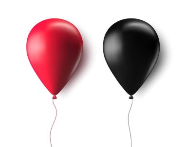 Şeffaf arka planda izole edilmiş gerçekçi kırmızı ve siyah 3D balonlar. Doğum günü partileri için hava balonları, yıldönümleri, düğünler için festival sezonu dekorasyonları. Helyum vektör balonu.