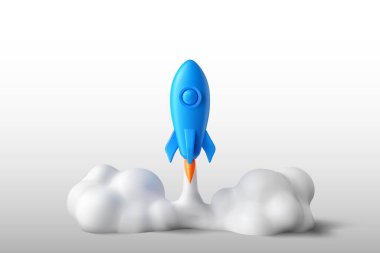 Gerçekçi 3D mavi roket uzayda uçuyor. Uzay gemisi roketi öğle yemeği ikonu beyaz arka planda izole edildi. Catroon uzay mekiği yeni iş konsepti için. Vektör illüstrasyonu