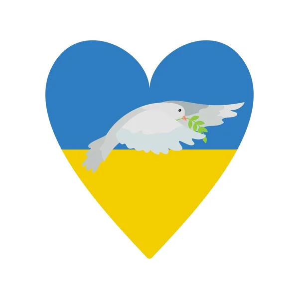 Bandera colorida de Ucrania en forma de corazón con paloma de la paz aislada sobre fondo blanco. Vector — Vector de stock