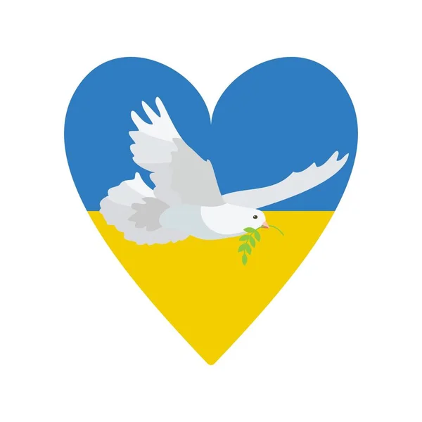 Ucraina bandiera colorata a forma di cuore con colomba di pace isolata su sfondo bianco. Vettore — Vettoriale Stock